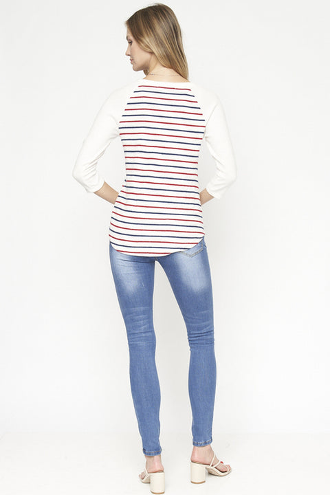 Stripe 3/4 Sleeve Round Neck Knit Top (D71104) - Wholesale Fashion Couture inc