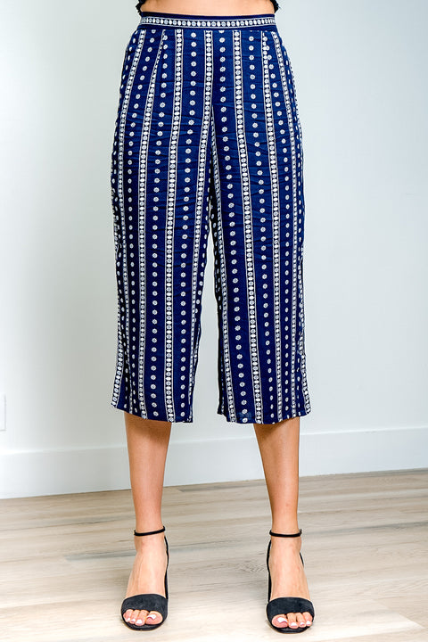 White Print Elastic Waist Pants (8BBMAY479) Navy / ( S,M,L,XL- 1,2,2,1)