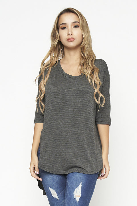 1/2 Sleeve Round Neck Hilo Tunic Top (D72080-PJ505) Charcoal / ( S-M-L- 2-2-2)
