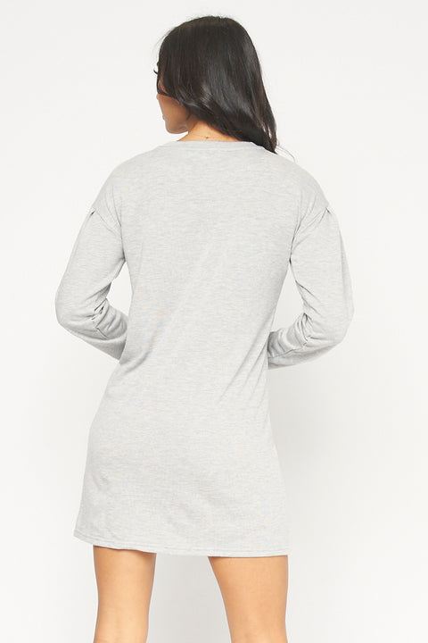 Long Sleeve Round Neck Front Laceup Detail Mini Dress (4254DH) - Wholesale Fashion Couture 