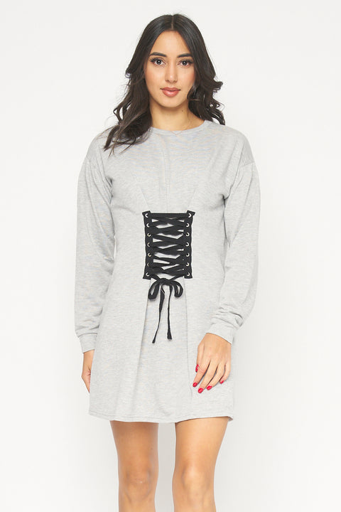 Long Sleeve Round Neck Front Laceup Detail Mini Dress (4254DH) - Wholesale Fashion Couture 