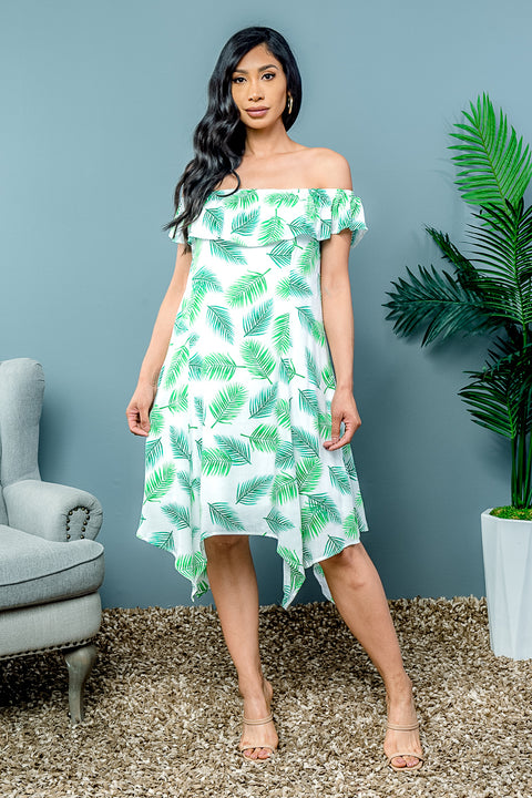 Tropical Print Full Lining Elastic Neckline Swing Dress With Sharkbite Hemline (KDD5972EY) White / ( S,M,L- 2,2,2)