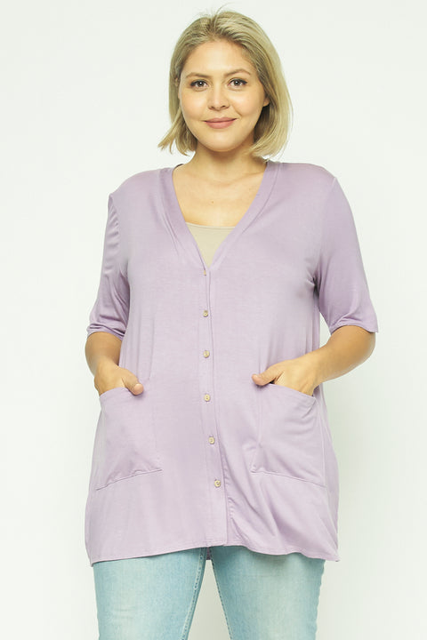 Plus Size 1/2 Sleeve Button Down Cardigan Top with Front Patch Pockets (1125AC/2958) - Wholesale Fashion Couture 