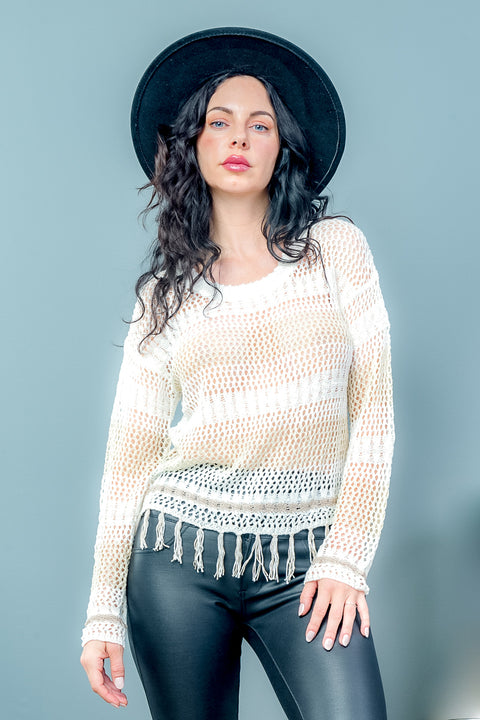 Taupe Long Sleeve Crochet Top (THSW0073) - Wholesale Fashion Couture inc