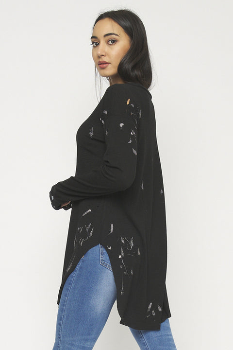 Long Sleeve Destroyed Knit Tshirt Top (FT75193T) Black / ( S-M-L- 3-2-1)