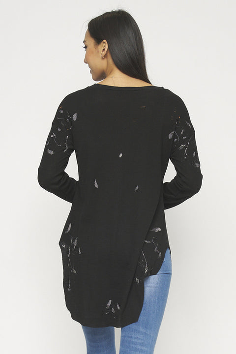 Long Sleeve Destroyed Knit Tshirt Top (FT75193T) Black / ( S-M-L- 3-2-1)