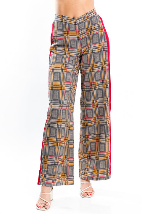 High Rise Multi Color Plaid Wide Leg Pants with Contrast Burgundy Stripe (JP9015) - Wholesale Fashion Couture 