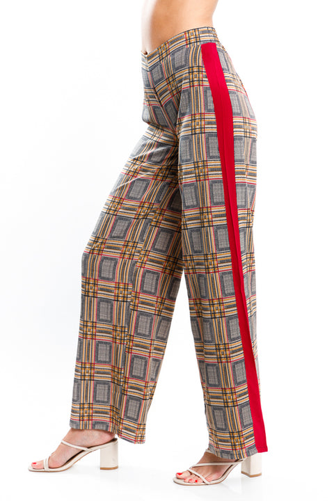 High Rise Multi Color Plaid Wide Leg Pants with Contrast Burgundy Stripe (JP9015) - Wholesale Fashion Couture 
