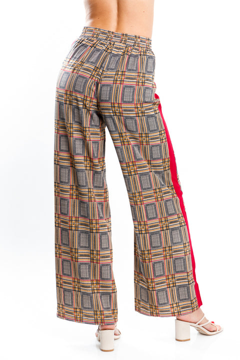High Rise Multi Color Plaid Wide Leg Pants with Contrast Burgundy Stripe (JP9015) - Wholesale Fashion Couture 
