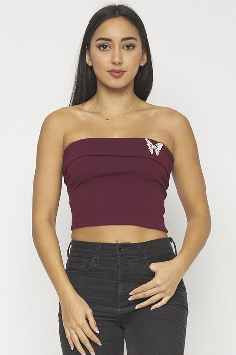 Silver Rhinestone Butterfly Brooch Foldover Bandeau Crop Top (TT420) - Wholesale Fashion Couture 