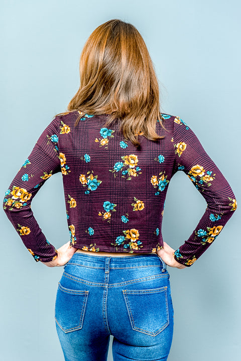 Blk Plaid Floral Long Sleeve Crew Neck Front Twist Detail Crop Top (AD2825) Wine / ( S,M,L,XL- 1,2,2,1)