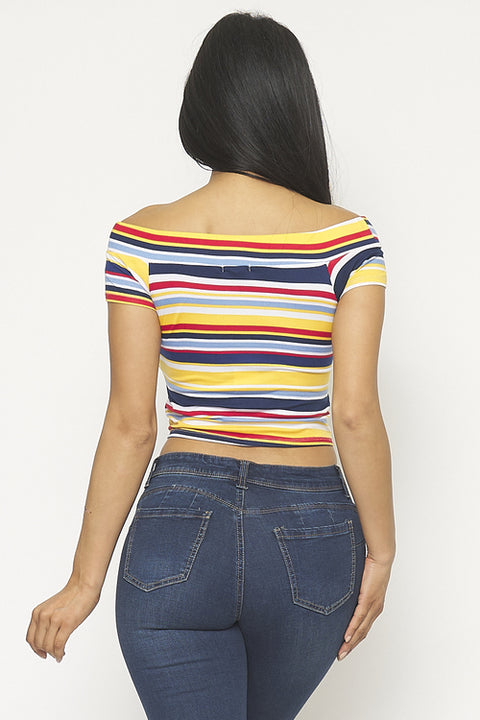 Short Sleeve Off Shoulder Front Tie Detail Crop Top (0008957) - Wholesale Fashion Couture 