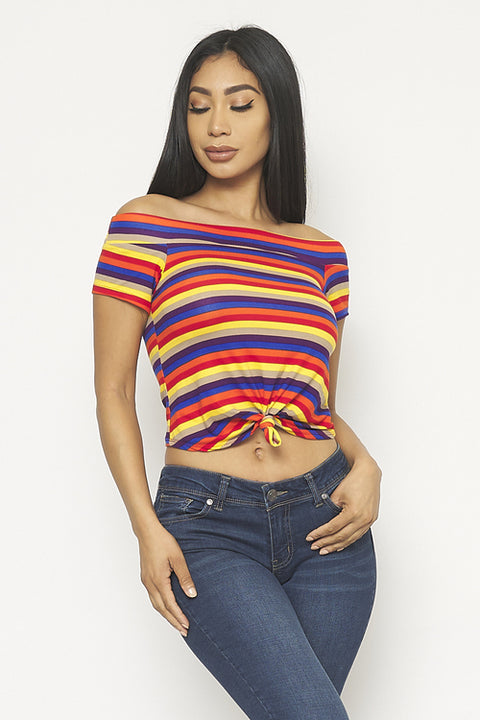 Short Sleeve Off Shoulder Front Tie Detail Crop Top (0008957) - Wholesale Fashion Couture 