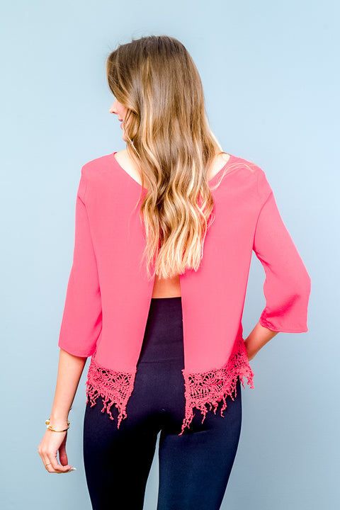 Open Back 3/4 Sleeve Solid Top with Lace Trim (CHT731K) - Wholesale Fashion Couture 