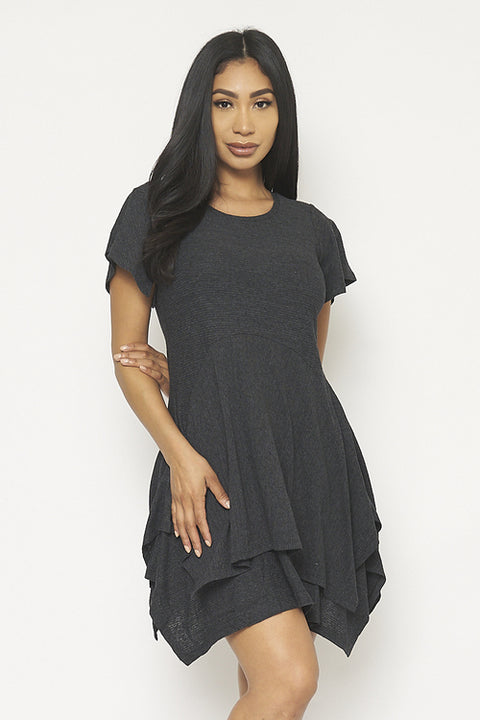 1/2 Sleeve Round Neck Sharkbite Hemline Swing Dress (15366) H.Grey / ( S-M-L- 2-2-2)