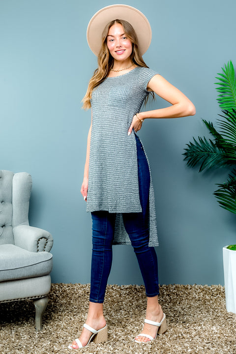 Short Sleeve Round Neck Thin Knit Hilo Tunic Top (15T1238) Lt.Olive / ( S,M,L- 2,2,2)
