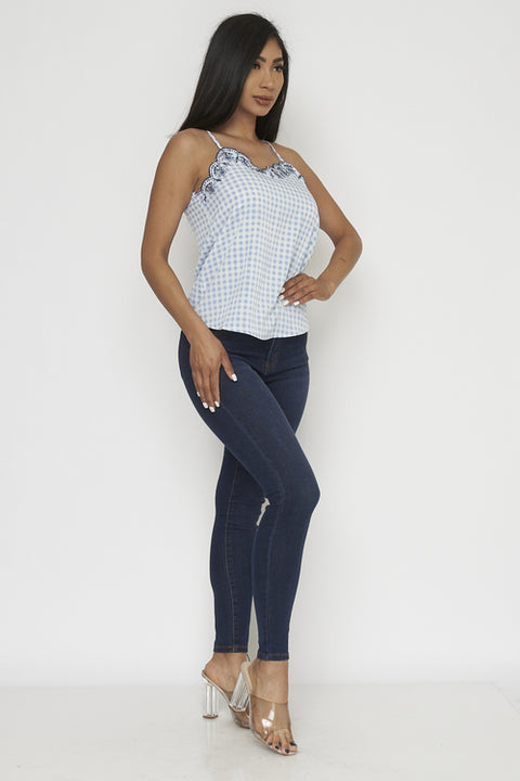 Gingham Plaid Spaghetti Strap Top with Floral Embroidered Scalloped V Neck Line and Keyhole Back(LBST1074) - Wholesale Fashion Couture 