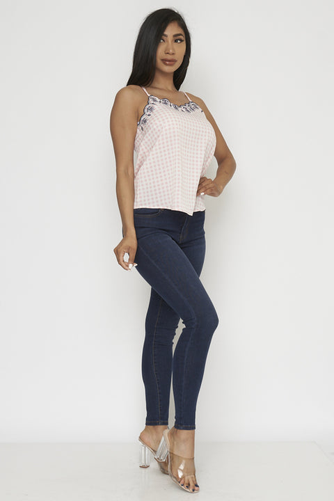 Gingham Plaid Spaghetti Strap Top with Floral Embroidered Scalloped V Neck Line and Keyhole Back(LBST1074) - Wholesale Fashion Couture 