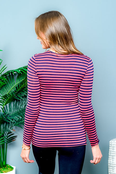 Coral Stripe Tier Long Sleeve Top (L1191) Navy / ( S-M-L- 2-2-2)