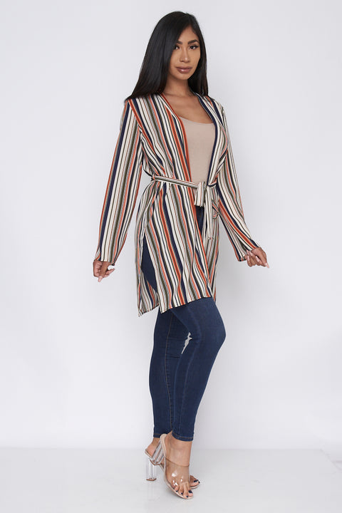 Long Sleeve Multi Color Striped Cardigan with Waist Tie (31750-CH833) - Wholesale Fashion Couture 