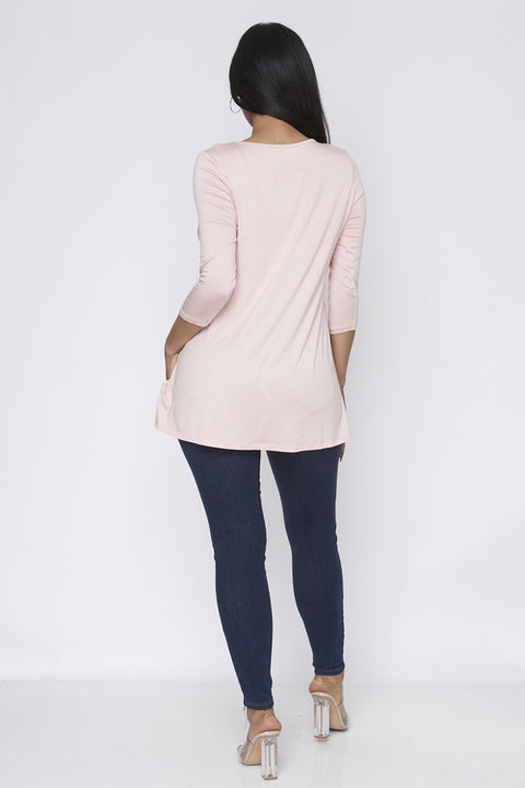 3/4 Sleeve Solid Tunic Top (ZT202) Ligth-Pink / ( S-M-L-XL- 1-2-2-1)