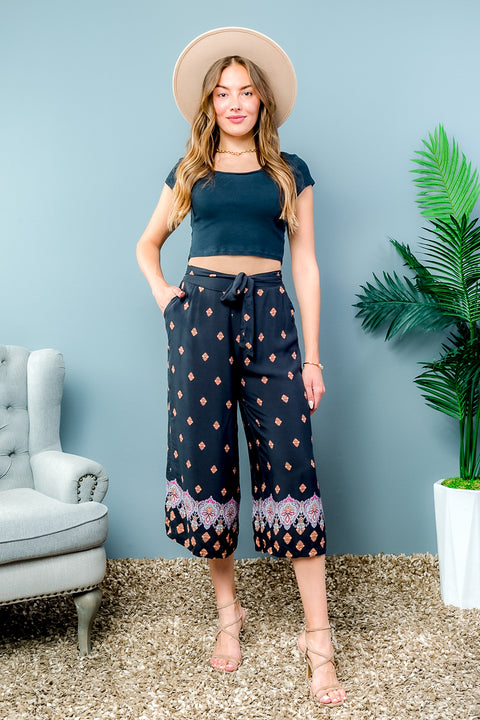 Palazzo Capri Pants Bottom Leg Printed (YD8CLT01-09) Black-Orange / ( S-M-L-XL- 1-2-2-1)