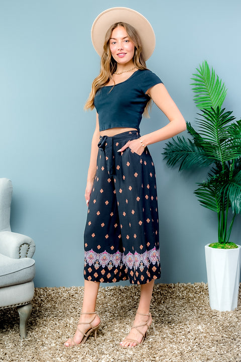 Palazzo Capri Pants Bottom Leg Printed (YD8CLT01-09) Black-Orange / ( S-M-L-XL- 1-2-2-1)