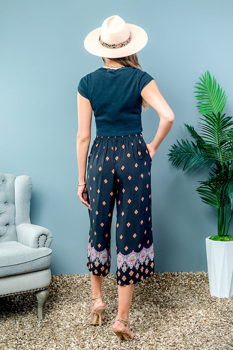 Palazzo Capri Pants Bottom Leg Printed (YD8CLT01-09) Black-Orange / ( S-M-L-XL- 1-2-2-1)
