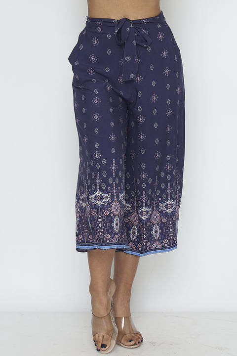Navy Aztec Printed Palazzo Capri Pants with Waist Tie (YD8CLT01-05) - Wholesale Fashion Couture 