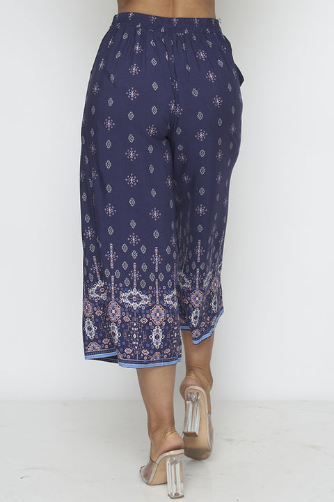 Navy Aztec Printed Palazzo Capri Pants with Waist Tie (YD8CLT01-05) - Wholesale Fashion Couture 