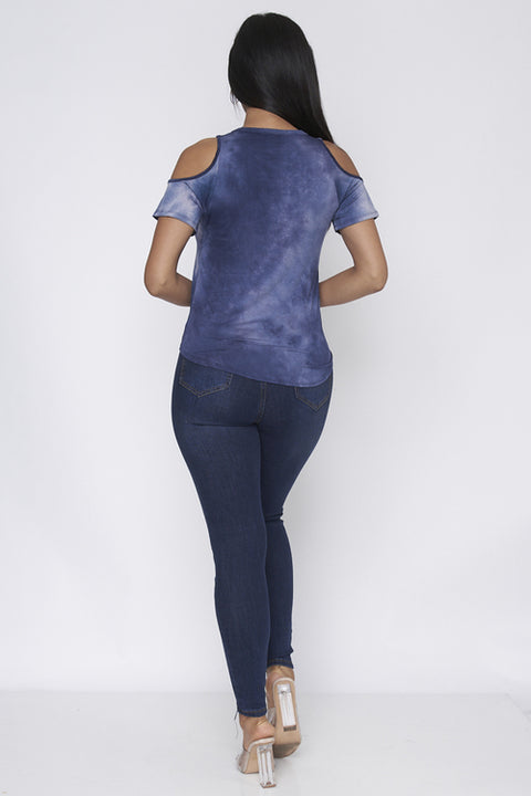 Open Shoulder Short Sleeve Round Neck Front Knott Detail Top (K5307TD) Blue-TyeDie / ( S-M-L- 2-2-2)