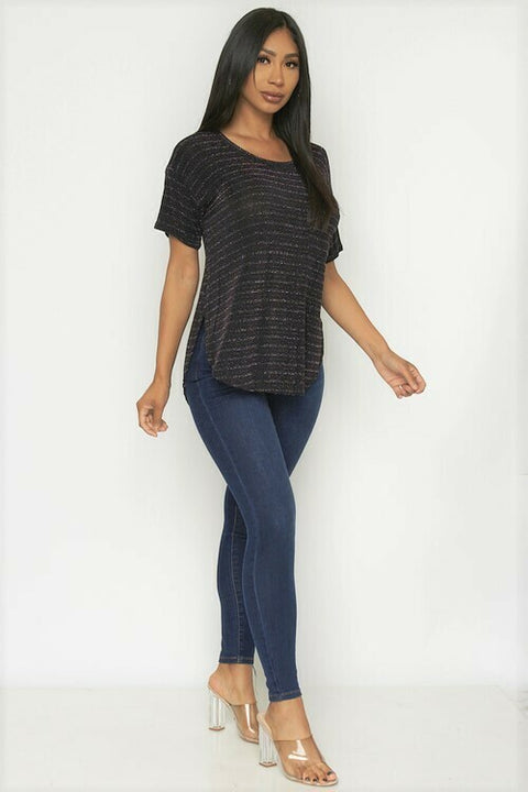 Short Sleeve Metallic Tee Shirt 1 Pocket (D71466-LX092) Black / ( S-M-L- 1-1-3)