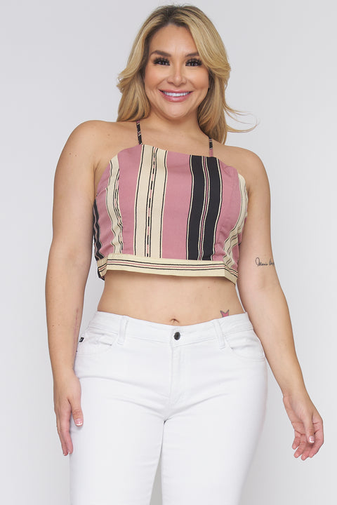 Plus Size Multi Color Striped Square Neck Spaghetti Strap Crop Top with Low Tie Back (ZB9386F4) - Wholesale Fashion Couture 