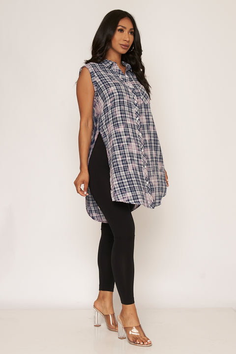 Bleached Plaid Sleeveless Button Down High Low Top with Spread Collar and (15547) - Wholesale Fashion Couture 