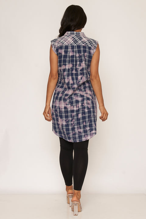 Bleached Plaid Sleeveless Button Down High Low Top with Spread Collar and (15547) - Wholesale Fashion Couture 