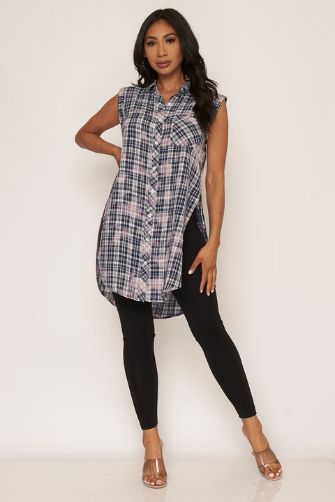 Bleached Plaid Sleeveless Button Down High Low Top with Spread Collar and (15547) - Wholesale Fashion Couture 