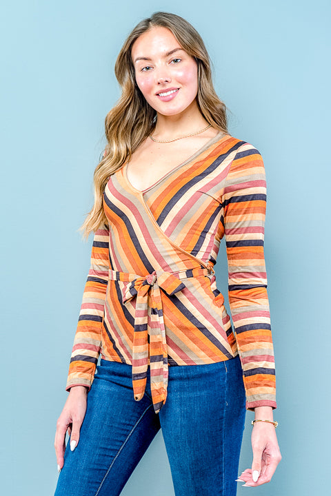 Multi Long Sleeve Vneck Striped Top W-Belt (ET1557) Camel / ( S,M,L- 2,2,2)