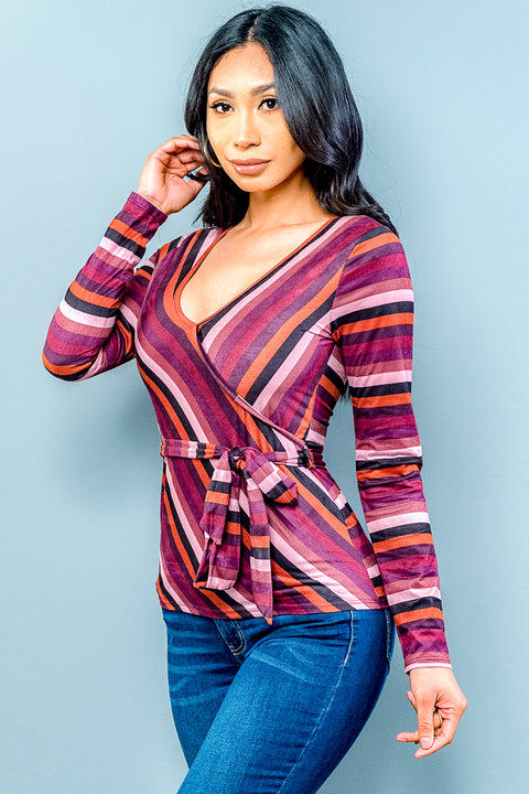 Multi Long Sleeve Vneck Striped Top W-Belt (ET1557) Burgundy / ( S,M,L- 2,2,2)