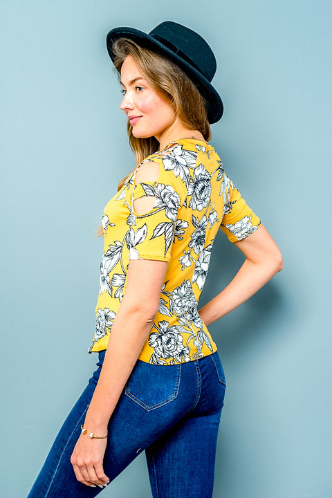 Short Sleeve Floral Top Cutout Sleeve (ET0828) Mustard / ( S,M,L- 2,2,2)
