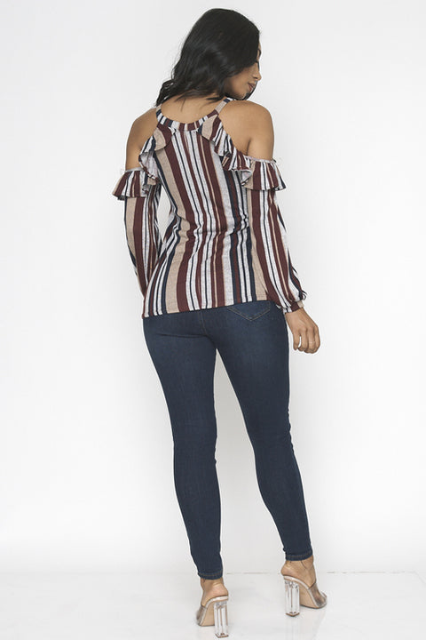 Open Shoulder Long Sleeve Striped Top (ET1366) Burggreytaupe / ( S,M,L- 2,2,2)