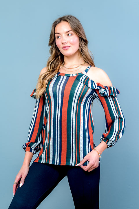 Open Shoulder Long Sleeve Striped Top (ET1366) Rust-Multi / ( S-M-L- 2-2-2)