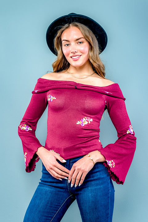 Long Sleeve off the Shoulder Embroidery Top (ET1516) - Wholesale Fashion Couture 