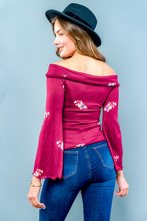 Long Sleeve off the Shoulder Embroidery Top (ET1516) - Wholesale Fashion Couture 