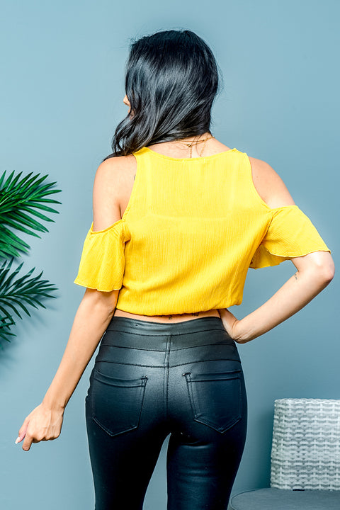 Flounce Sleeve Cold Shoulder V Neck Crop Top (EMT0101SH) - Wholesale Fashion Couture 