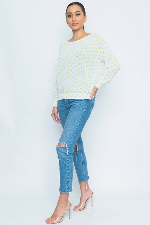 Hearts Printed Long Sleeve Top (32170T-K) Ivory-Lime / ( S-M-L- 2-2-2)