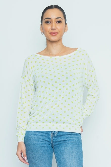 Hearts Printed Long Sleeve Top (32170T-K) Ivory-Lime / ( S-M-L- 2-2-2)