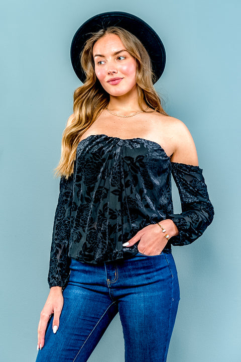 Floral Velvet Burnout Off Shoulder Long Sleeve Sweetheart Neck Top in Burgundy (ET1407) - Wholesale Fashion Couture 