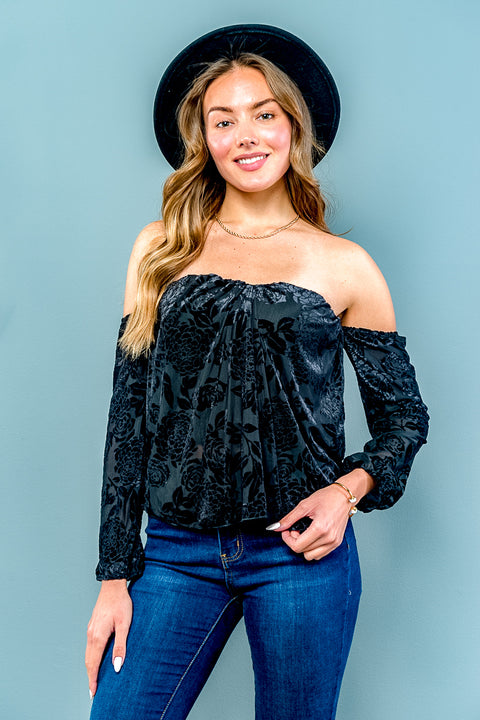 Floral Velvet Burnout Off Shoulder Long Sleeve Sweetheart Neck Top in Burgundy (ET1407) - Wholesale Fashion Couture 