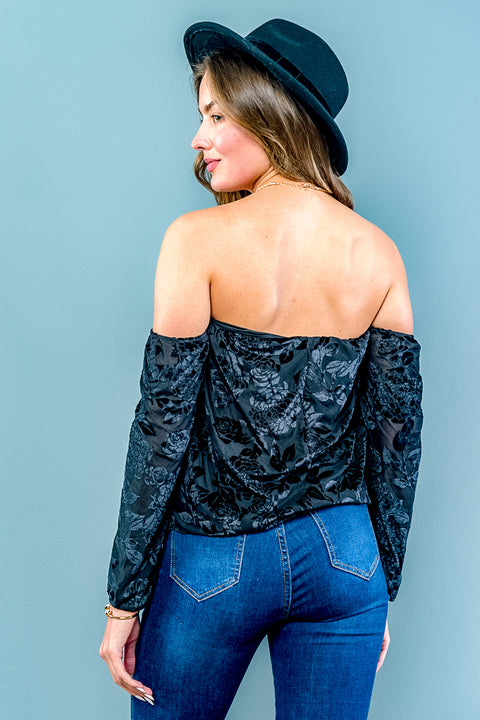 Floral Velvet Burnout Off Shoulder Long Sleeve Sweetheart Neck Top in Burgundy (ET1407) - Wholesale Fashion Couture 