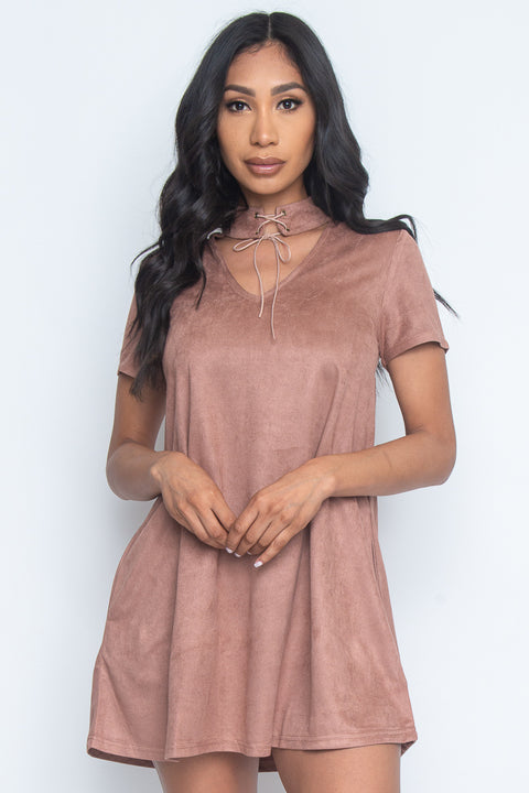 Faux Suede Short Sleeve V Neck Keyhole Mini Dress with Ribbon Tied Choker and Side Pockets (LD41885) - Wholesale Fashion Couture 